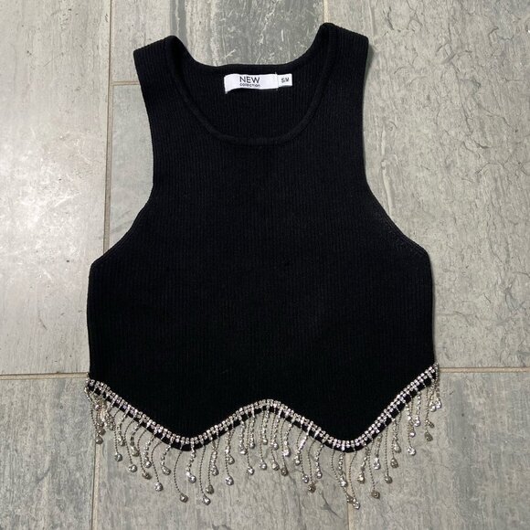 NEW Collection Rhinestone Fringe Trim Ribbed Stretchy Crop Tank Top Black Sz S/M - Picture 1 of 10